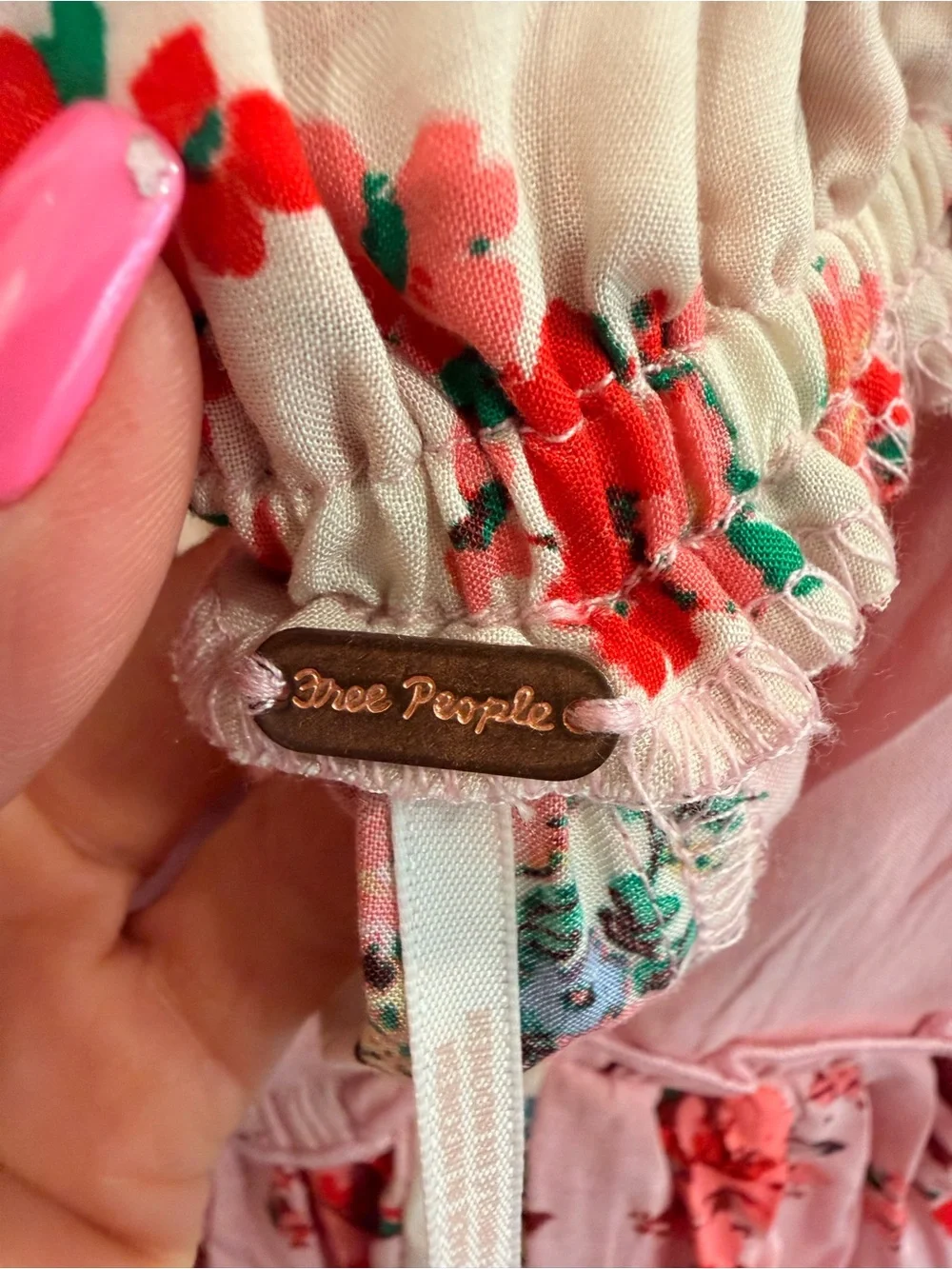 Free People Pink Floral Ruffled Tank with Green Accents
